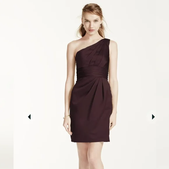 David's Bridal Size 6, One Shoulder Satin Dress W/ Pleated Bodice, Truffle/Brown - Picture 4 of 5